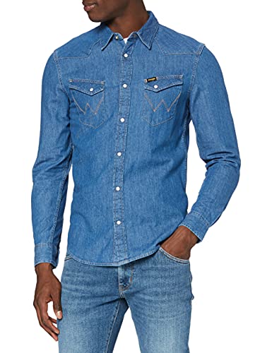 Wrangler LS Western Denim Shirt Camicia in Jeans, Mid Stone, L Uomo