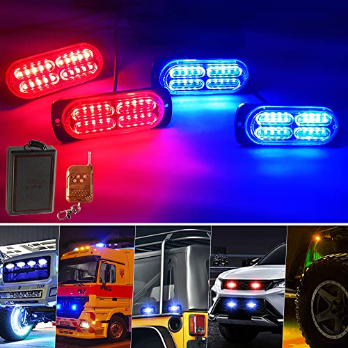 Yifengshun 4x20 LED Lampeggiante Rosso&Blu Polizia Lampada Lampeggiante Di Emergenza Con 18 Modalità Stroboscopiche Polizia Auto LED Luce Con Telecomando Wireless Per Auto Camion Trattori 12-24V