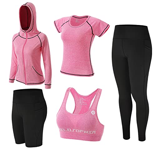 ZETIY Tute da Donna Set, 5 Pezzi Abbigliamento Sportivo Donna Tuta da Fitness Sportwear per Pilates Yoga Jogging Gym Workout Ginnastica