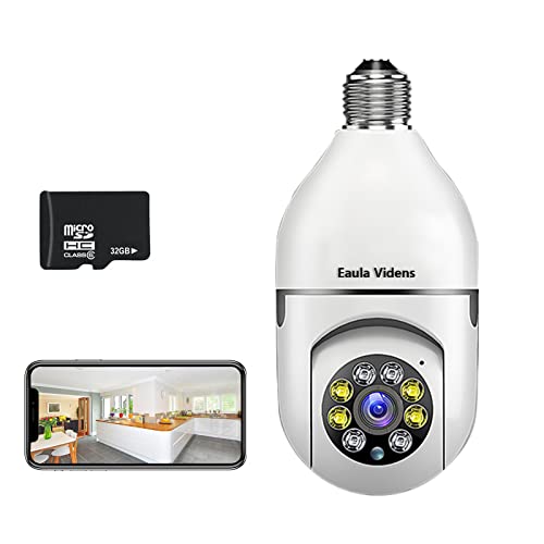 1080P PTZ WiFi 360 gradi E27 telecamera panoramica IP, per interni esterni 360 PTZ lampadina di sicurezza telecamera visione notturna, accesso app, impermeabile (bianco) (bianco + 32 GB)
