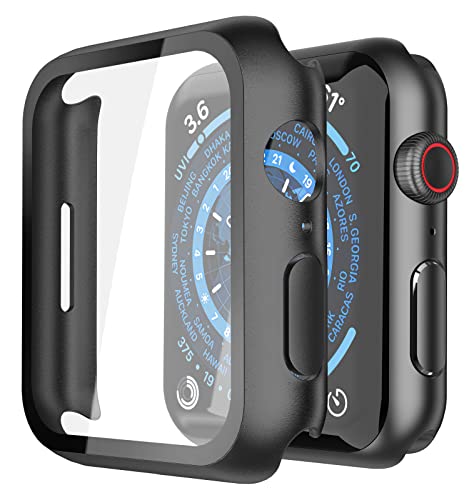 [2 Pezzi] Misxi Nero Custodia Rigida con Vetro Temperato Protezione Schermo per Apple Watch Series 8 Series 7 41mm, HD Ultra Sottile Anti-Graffio Protettiva Cover per iWatch