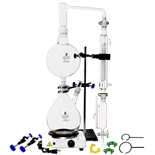 2000ml Dispositivo per distillazione di oli essenziali Kit per vetreria da laboratorio Kit per purificatore per distillatore di acqua a vapore con imbuto separatore per fornelli caldi (2000ml)