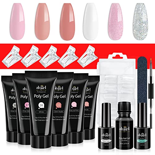 ab gel Poly Gel Nail Kit, 6 Colori Poly Gel Nail Extension Kit Con Soluzione Antiscivolo Topcoat Primer Clip Per Unghie Dual Form, 15 Ml Professional Crystal Poly Gel Starter Kit Glitter Rosa Nudo