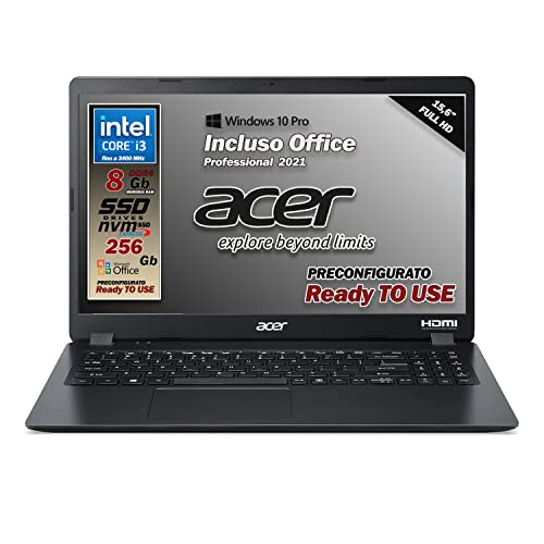 Acer Extensa 15 Pc Portatile, Notebook con Cpu Intel Core i3-1005G1, Ram 8 GB DDR4, SSD da 256 GB Nvme, Display 15.6  FHD, Grafica Intel UHD, Windows 10 Pro, Office Pro 2021, pronto all uso, Italia