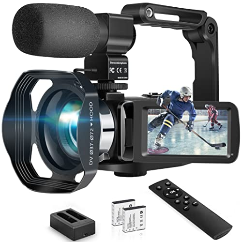 Acoletty Videocamera, 4K 60fps Vlogging per YouTube, Videocamera Digitale da 48 MP con Zoom Digitale 18x, Visione Notturna, Telecomando, Stabilizzatore per Maniglia, Microfono, Paraluce