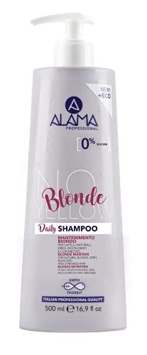 Alama Professional No-Yellow Daily Shampoo Antigiallo e Antiriflesso, Shampoo ad Uso Frequente per Capelli Biondi, Grigi e Decolorati con Olio di Semi di Uva, 90% Ingredienti Naturali, Vegan, 500ml