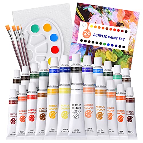 ANSTA Kit pittura acrilica, 24 colori (12 ml), con 4 pennelli, 1 tavolozza, 1 tela per carta, legno, finestra, ceramica, bambini, principianti e artisti