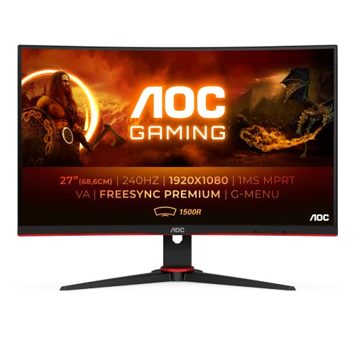 AOC Gaming C27G2ZE - Monitor curvo FHD da 27 pollici, 240 Hz, 0,5 ms, FreeSync Premium (1920 x 1080, HDMI, DisplayPort), nero rosso