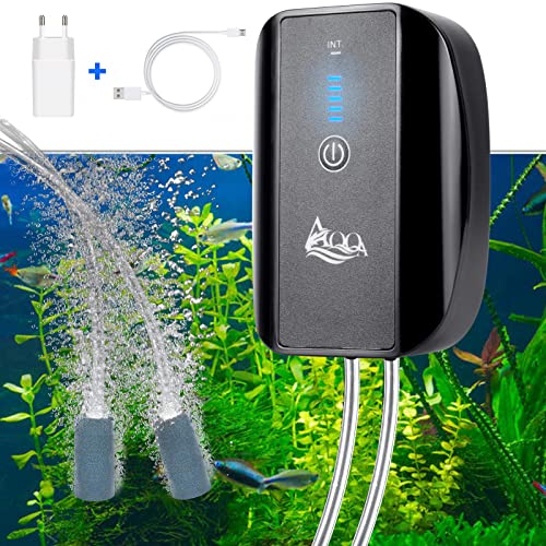 AQQA Ossigenatore Per Acquario, 2600mAh Portable Pompa Acquario,USB Areatore Acquario Due Modalità di Alimentazione Pompa per Acquario con 2 Pietra Aria