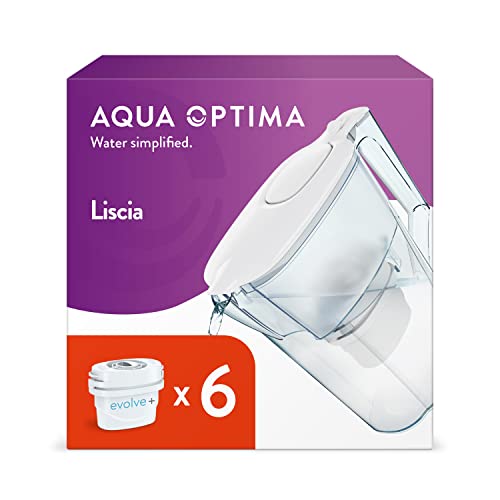 Aqua Optima Liscia Caraffa Filtro Acqua e Cartucce Filtro Acqua 6 x 30 Giorni Evolve+, Capacità 2,5 Litri, per Riduzione di Microplastiche, Cloro, Calcare e Impurità, Bianco