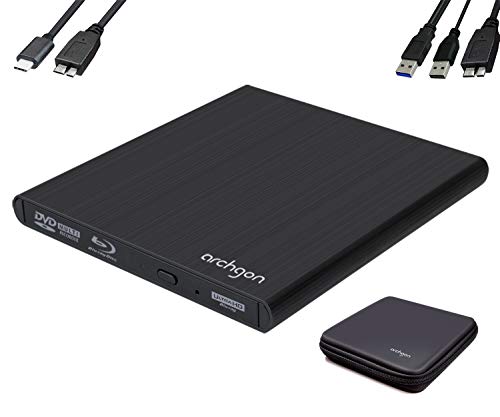 Archgon Stream UHD Esterno Lettore 4K-Ultra HD BD Player, Masterizzatore Blu-ray BDXL Burner per PC USB 3.0 USB-C, M-Disc, Box di protezione, Alluminio Nero