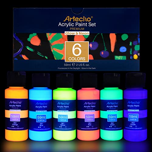 Artecho Set di Colori Acrilici 6 × 59ml, Glow in the Dark, Può Emettere Luce al Buio dopo aver Caricato sotto la Sorgente Luminosa, Sicuro per Tela, Carta, Tessuto, Legno, Pietra.