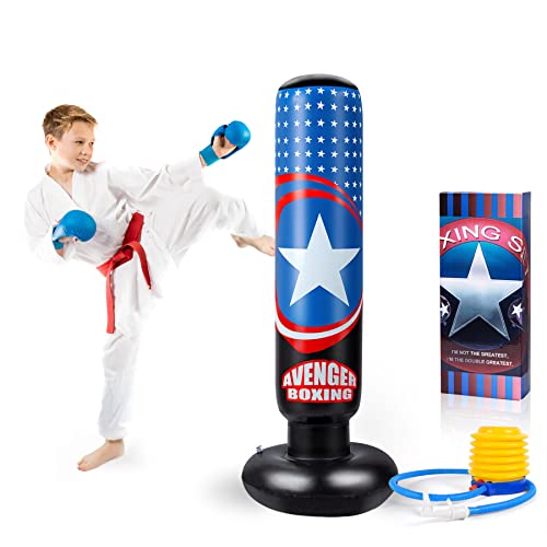 AstarX Sacco da Boxe Bambini Gonfiabile–Capitan America per rimbalzare immediato per praticare Karate, Taekwondo, MMA e per alleviare l energia Pent up in Bambini e Adulti  63 in