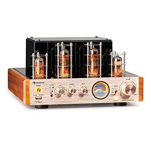 Auna Amp VT - Amplificatore valvolare, amplificatore HiFi, 2x35W RMS, amplifier stereo BT, ingressi Ott. Coas. AUX, champagne