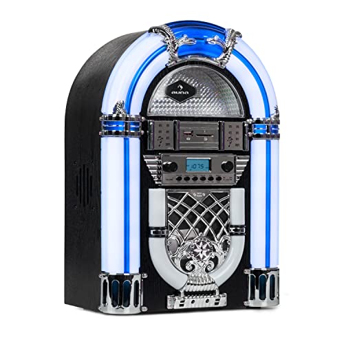 auna Arizona - Jukebox vintage con 2 x 2 Watt RMS, mini jukebox con Bluetooth, illuminazione LED, radio FM, porta USB, lettore CD adatto a MP3, slot SD, legno di quercia, blu