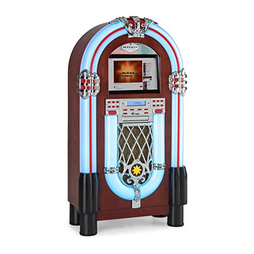 AUNA Graceland Touch - Jukebox, Bluetooth, Lettore CD, Pannello Touch da 12 , Wi-Fi, Effetti Luce LED, USB, SD, Ingresso Microfono, Radio FM & Digitale via Internet (WiFi), Marrone
