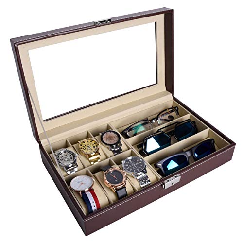 Autoark Custodie per 6 orologi e 3 scomparti per occhiali, in similpelle nera; scatola per gioielli e occhiali da sole Brown