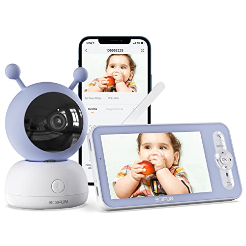 Baby Monitor Video,1080P Schermo da 5.0   &360° Telecamera BOIFUN,Supporto Controllo Tramite APP Mobile & Monitor LCD,3000 mAh Batteria Ricaricabile,3 Tipi di Rilevamento Intelligente