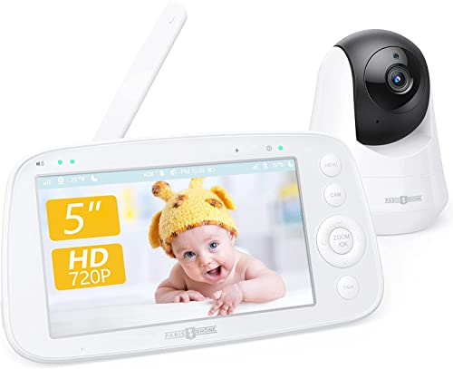 Baby Monitor Video, 5  720P HD display, FHSS,2-Vie Conversazione, 4X Pan-Tilt-Zoom Telecamera VOX Modalità Visione Notturna No WiFi 110° obiettivo grandangolare promemoria temperatura e alimentazione