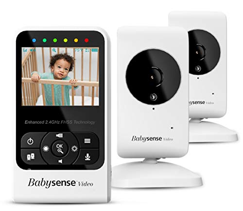 Babysense Video Baby Monitor Con 2 Camere e Audio, Lungo Raggio D’azione, Indicatore di Temperatura Ambiente, Visione Notturna, Comunicazione Bidirezionale, Ninna Nanna, Model: V24R-2
