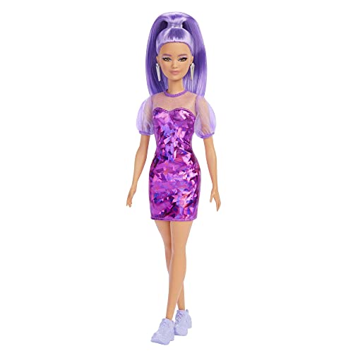 Barbie - Bambola Barbie Fashionista con capelli Viola e Vestito Rosa, Giocattolo per Bambini 3+ Anni, HBV12