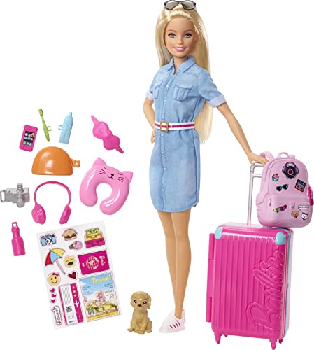 Barbie Set da Viaggio - Bambola con Valigia Apribile e Cucciolo - Abito di Jeans - Adesivi - 10+ Accessori - Regalo per Bambini 3+ Anni