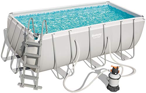 Bestway Power Steel-Set piscina rettangolare con telaio in acciaio, 412 x 201 x 122 cm, con impianto di filtraggio a sabbia e accessori, Colore grigio, 56457