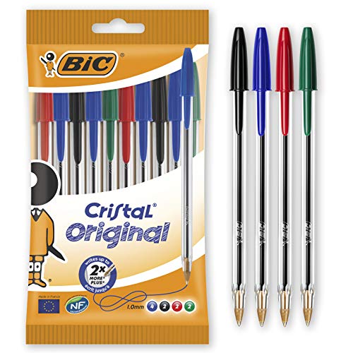 BIC Penne a Sfera, Cristal Original, Colori Assortiti, Punta Media (1,00 mm), Pacco da 10 Penne, per Scrivere a Scuola e a Casa