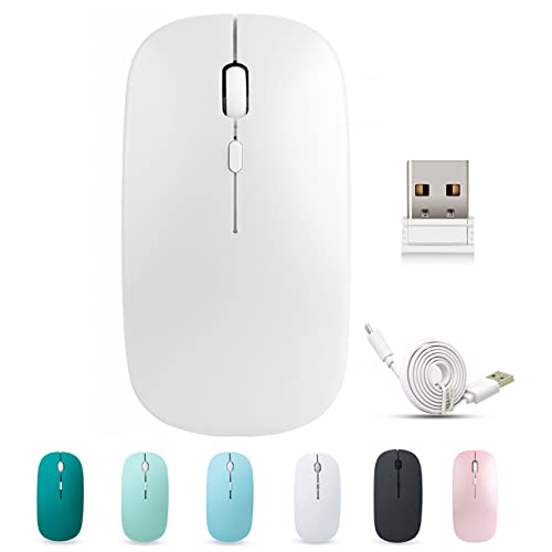 BlueBose Mouse wireless Bluetooth ricaricabile, regolazione DPI a 3 velocità, Silent Click, compatibile con qualsiasi computer portatile iPad Mac PC, ricevitore wireless Nano USB (bianco)