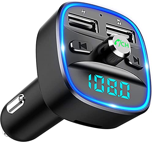 Bluetooth FM Transmitter for Car, Blue Ambient Ring Light Wireless Radio Car Receiver Adapter Kit with Hands-Free Calling, Dual USB Charger 5V   2.4A and 1A, Support SD Card, USB Disk (Black)