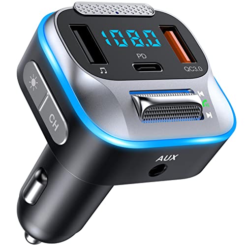 Bluetooth Trasmettitore FM per Auto, 30W PD Tipo-C 5.0 Adattatore Bluetooth per Auto con Funzione di Uscita AUX Dual USB QC 3.0 Carica Rapida Auto Adattatore Bluetooth