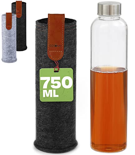 Bottiglia Termica di Vetro 750ml - Con Custodia e Tappo in Acciaio Inox - Portatile - Per Acqua, Bevande Calde e Fredde (Anthrazit)