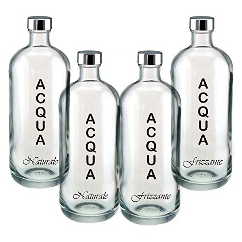 BrandPrint, Set di 4 Bottiglie in Vetro per Acqua Modello Artemide 1 Litro con Tappo a Vite in Alluminio. Per Bevande e Succhi (2 Naturali e 2 Frizzanti)
