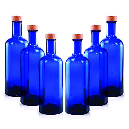 BrandPrint, Set di 6 Bottiglie in Vetro Blu per Acqua solarizzata Modello Iside 750 ml con Tappo a Vite in Alluminio Rivestito In Legno. Bottiglia Plastic Free