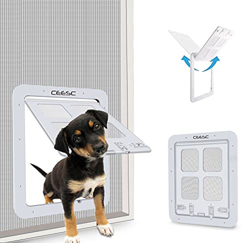 CEESC Porta per animali domestici per gatti e cani (dimensioni esterne 29 x 24cm), porta scorrevole per cani con schermo scorrevole a 4 vie per porte esterne (Bianco)