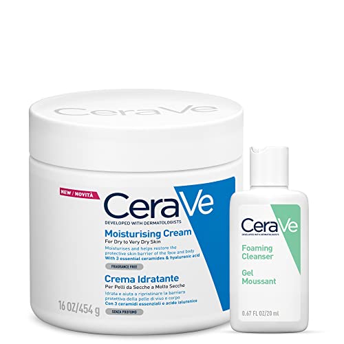 CeraVe Crema Idratante Viso e Corpo, per Pelle Secca, con Acido Ialuronico, 454g + Travel Size Schiuma Detergente, 20ml
