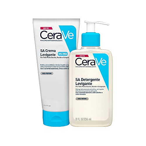 CeraVe Kit Skincare Levigante | SA Detergente Levigante Viso e Corpo con Acido Salicilico per Pelle Secca e Ruvida, 236ml + SA Crema Levigante, 10% Urea, 177ml