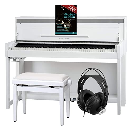 Classic Cantabile UP-1 WM Pianoforte Verticale Digitale - 88 Tastiera pesata - Pianola musicale con USB, MIDI, 256 polifonia, 40 voci - Piano digitale Set con Panca e Cuffie - Bianco Opaco