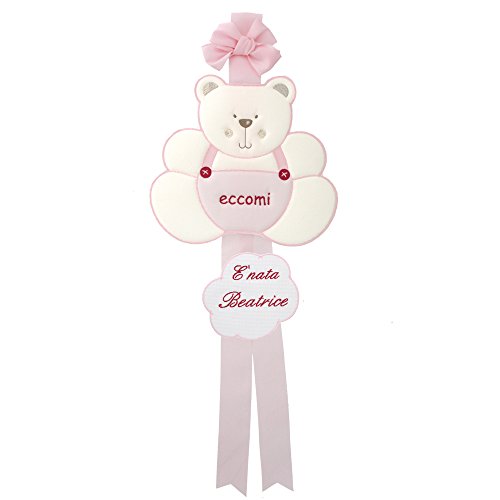 Coccole- Fiocco nascita Coccarda per nascita orso con nome personalizzato (Rosa)