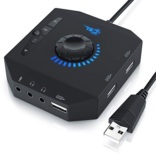 CSL - Scheda audio USB esterna e HUB USB e Amplificatore Cuffie 3 in 1 - Uscita per cuffia con microfono gaming a 4 poli - Audio OUT - Mic in - Controllo volume e Equalizzatore - LED blu - nero