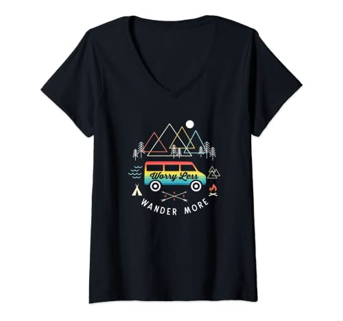 Donna Retro Camper Van Campeggio Vintage Furgone Montagne Tramonto Maglietta con Collo a V
