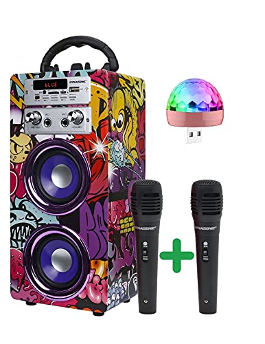DYNASONIC - Cassa Bluetooth portatile (3a generazione) con modalità karaoke e microfono, radio FM e lettore SD USB (luci da discoteca Pack)