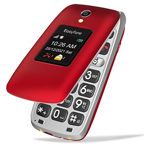 Easyfone Prime-A1 Pro GSM Telefono Cellulare per Anziani a Conchiglia, Display HD IPS 2,4 pollici, tasto SOS mit GPS, Batteria di grande 1500mAh con base di ricarica (Rosso, 2G GSM)