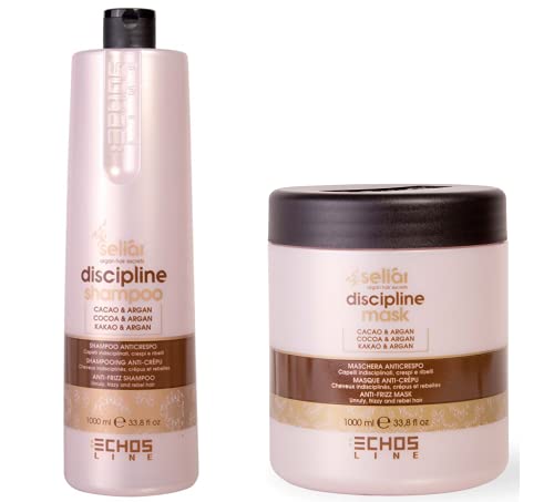 ECHOSLINE SELIAR DISCIPLINE - Shampoo(1000ml) + Maschera(1000ml) anticrespo per capelli indisciplinati crespi e ribelli con burro di cacao e olio di argan