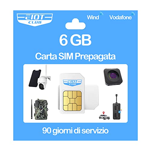 EIOTCLUB SIM Prepagata Senza Contratto, Carta SIM Compatibile con Rete Vodafone & Wind, 6GB per 90 giorni, solo Dati, per LTE Telecamera & Fotocamera Caccia & Localizzatore GPS