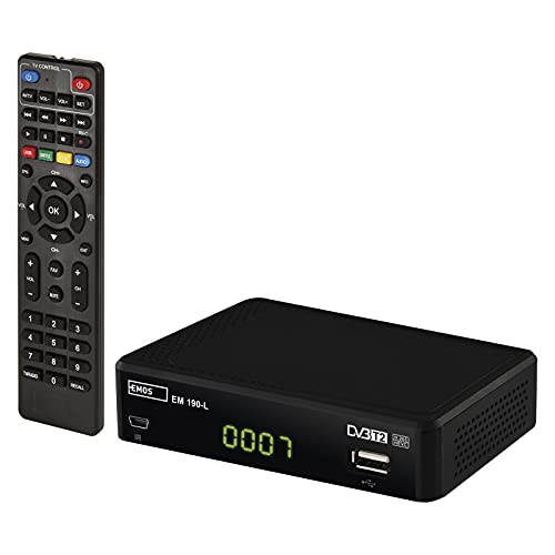 Emos Decoder DVB-T2, recivitore digitale terrestre H.265 HEVC HD con connessione USB, HDMI, SCART e coassiale, telecomando e sensore a infrarossi, PVR, lettore multimediale e funzione EPG, 1080p, Nero