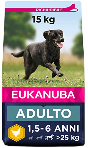 Eukanuba - Cibo premium per cani adulti di taglia grande - 100% completo ed equilibrato - Ricco di pollo fresco - Senza proteine vegetali nascoste, OGM, conservanti o aromi artificiali - 15 kg