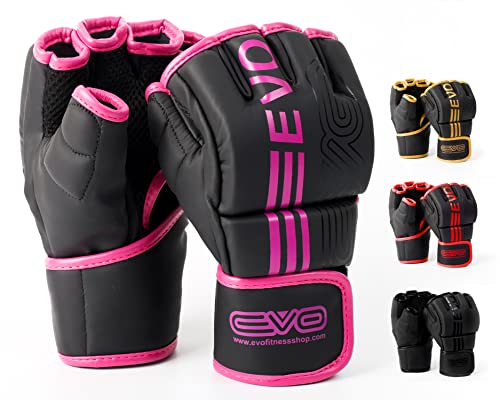 EVO Fitness Guanti da MMA neri opachi per arti marziali, guanti da combattimento da uomo, Muay Thai, gabbia da combattimento, boxe, sport da combattimento, da donna, rosa