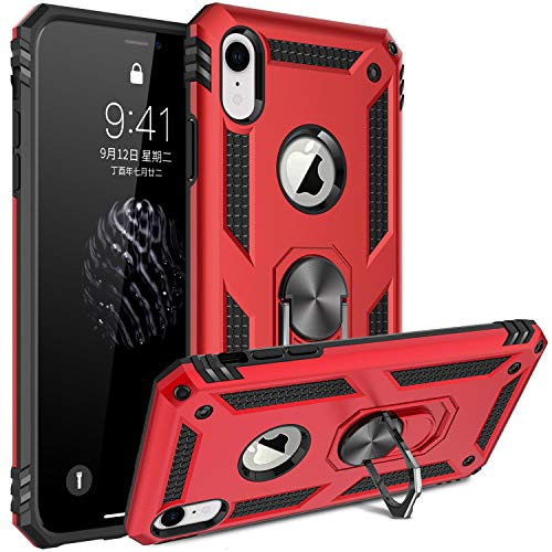 Fetrim Custodia per iPhone XR, Cover PC TPU Cassa Shell Supporto di Anello Rotante Case per Apple iPhone XR Rosso