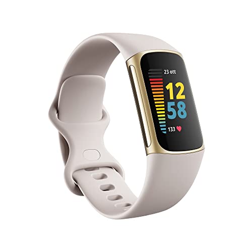 Fitbit Charge 5 activity tracker con 6 mesi di abbonamento premium, durata della batteria fino a 7 giorni e indice di forma giornaliero, taglia unica, bianco luna acciaio inossidabile oro tenue